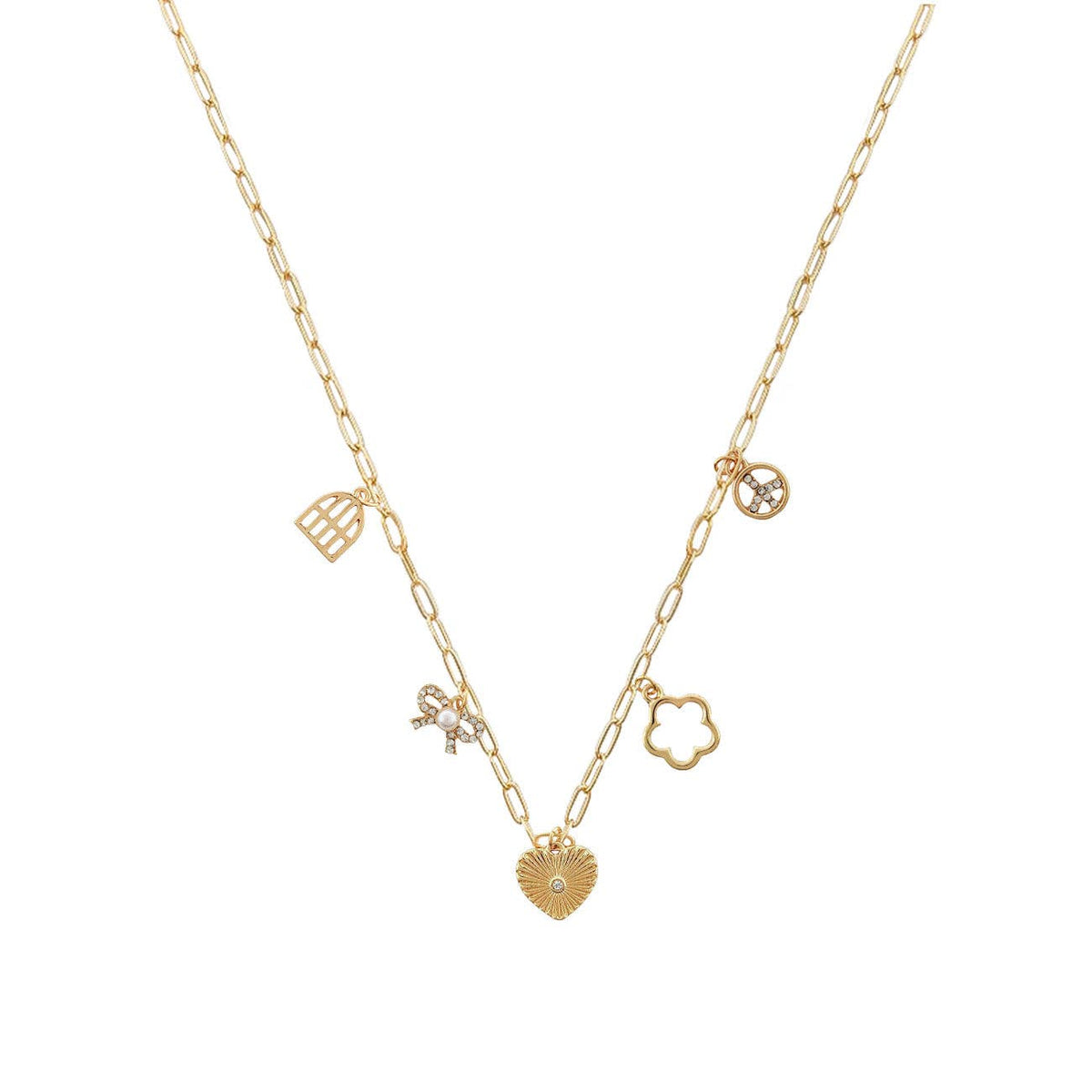 Heart, Bow, and Flower Gold Charm 16"-18" Necklace