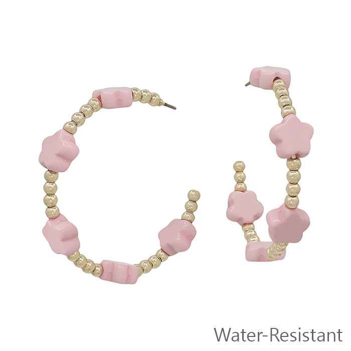 Water Resistant Gold Beaded Hoop with Pink Flower Accent 2" Earring