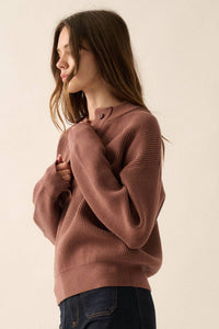 Solid Rib Knit Low Cut Collar Button Up Sweater