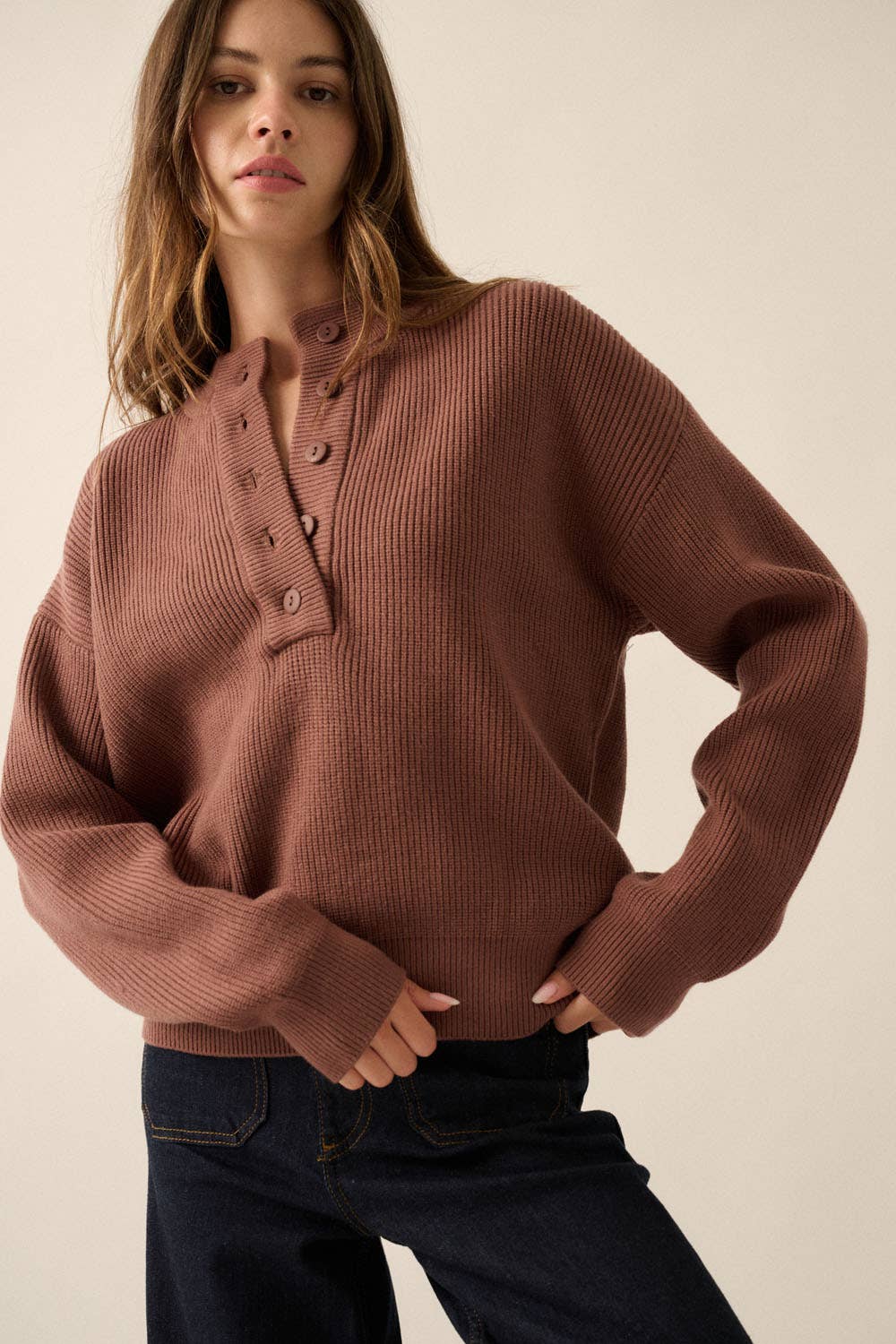 Solid Rib Knit Low Cut Collar Button Up Sweater