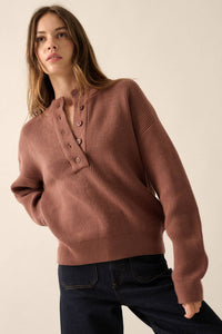 Solid Rib Knit Low Cut Collar Button Up Sweater