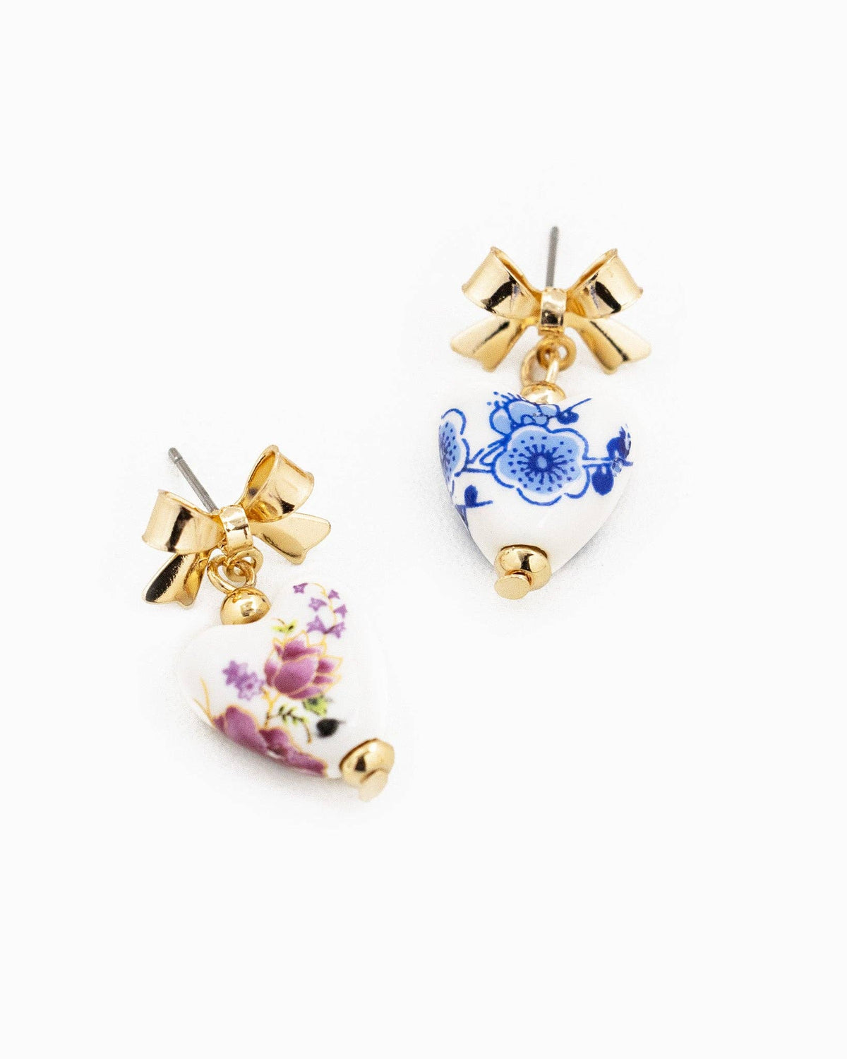 Gold Bow Ceramic Blue Heart Drop Earrings