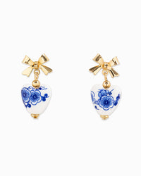 Gold Bow Ceramic Blue Heart Drop Earrings