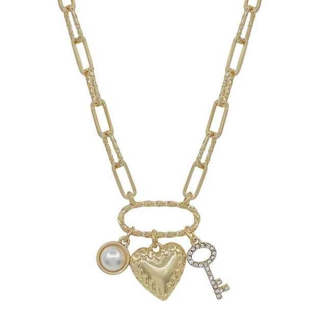 Gold Rhinestone Textured Heart, Key, and Pearl Charm 16"-18" Necklace