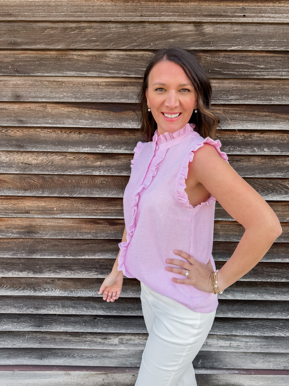 Sugar Stripe Ruffle Button Tank - Pink