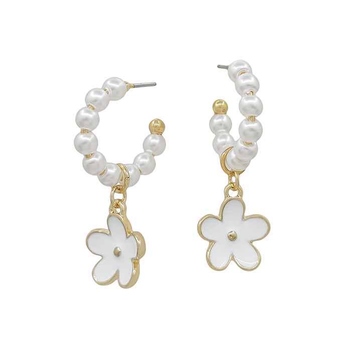 Pearl .75" Hoop Earring with White Enamel Flower Drop