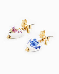 Gold Bow Ceramic Blue Heart Drop Earrings