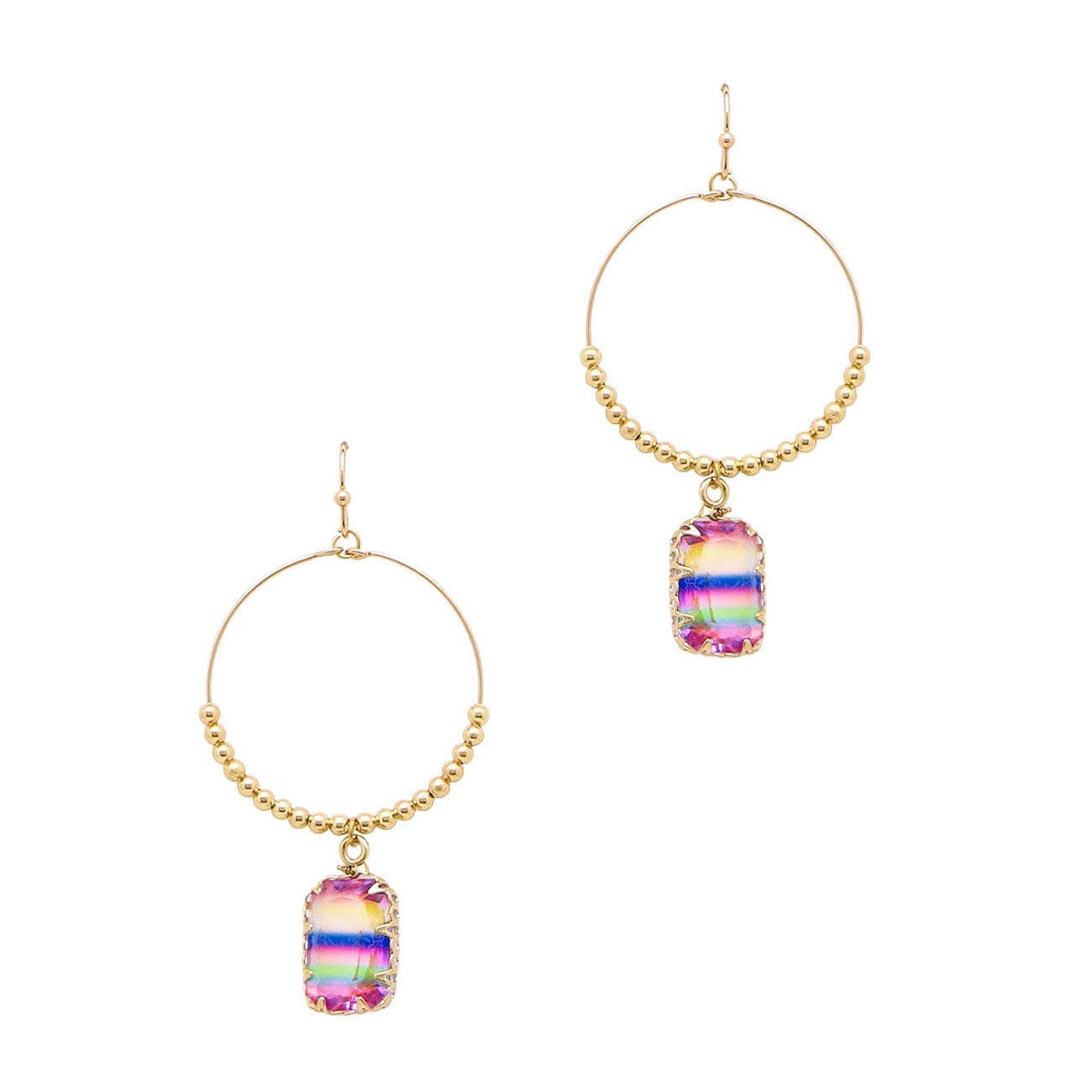 Gold Hoop with Multi Rectangle Crystal Drop 2" Earring